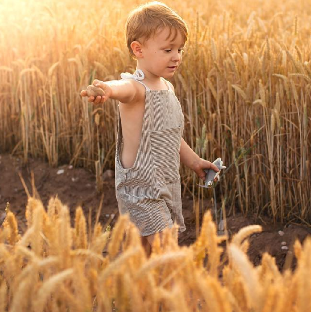 SALE STRIPED PRINT KIDS SHORT DUNGAREES IN STONE